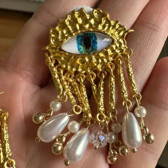 Anthropologie Maison Blue Evil Eye Protection Pearl Dangle Earrings - Picture 6 of 8